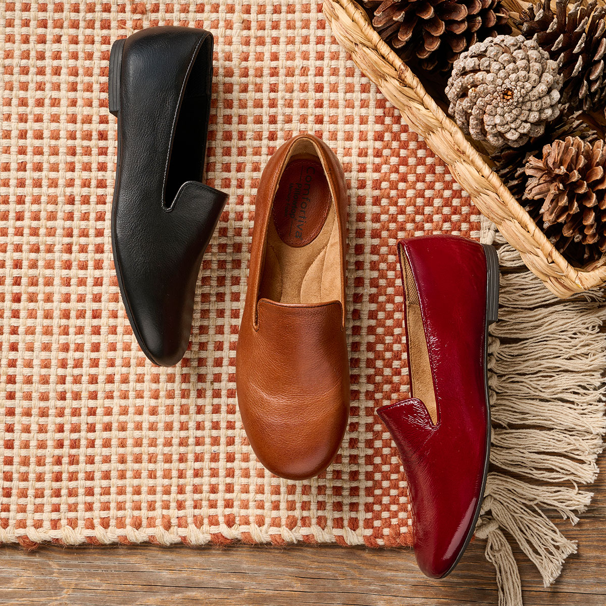 The Tammie Flat in black, the Tammie Flat in brown and the Tammie Flat in red.