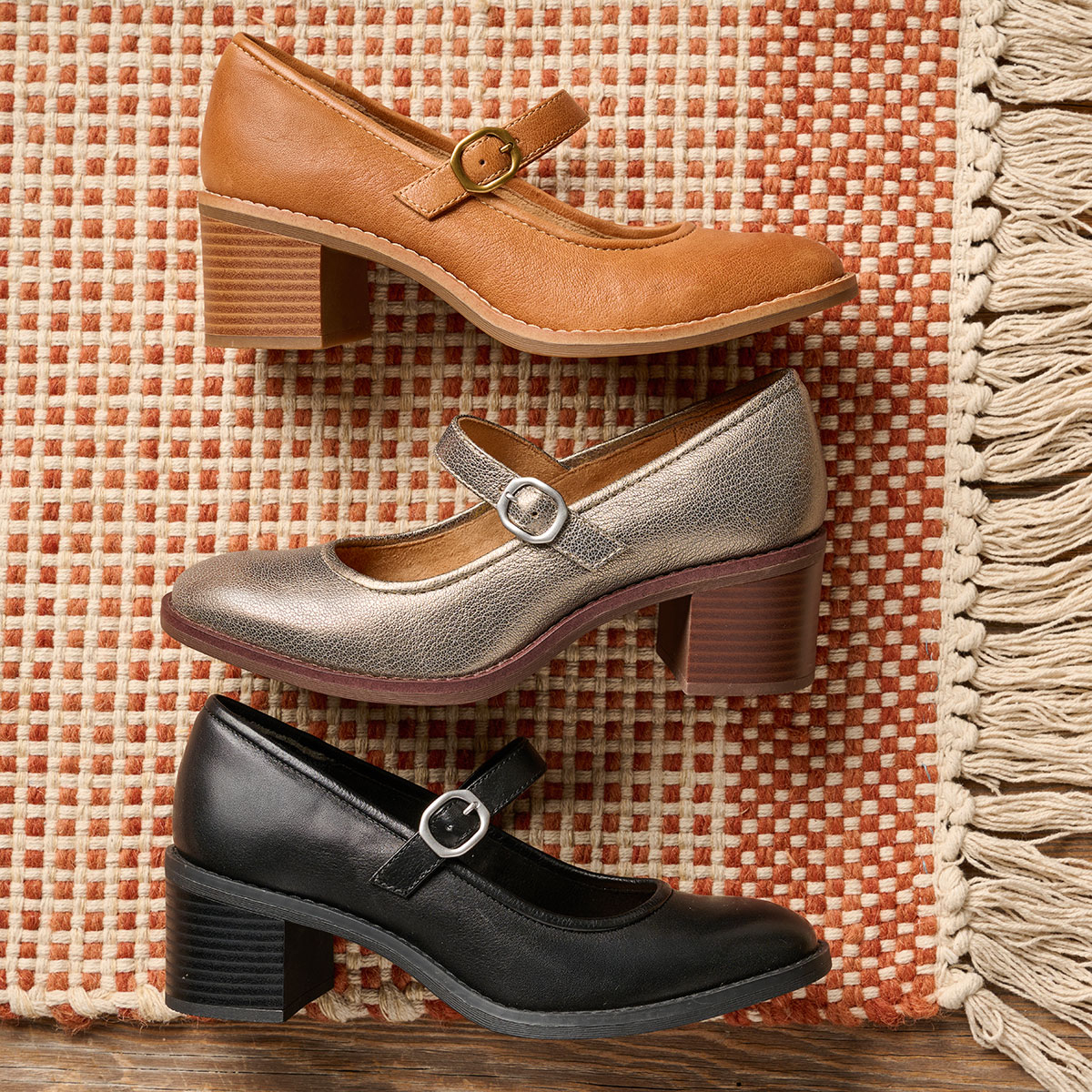The Paula mary jane pump in cork (tan), Paula in gold and Paula in black.