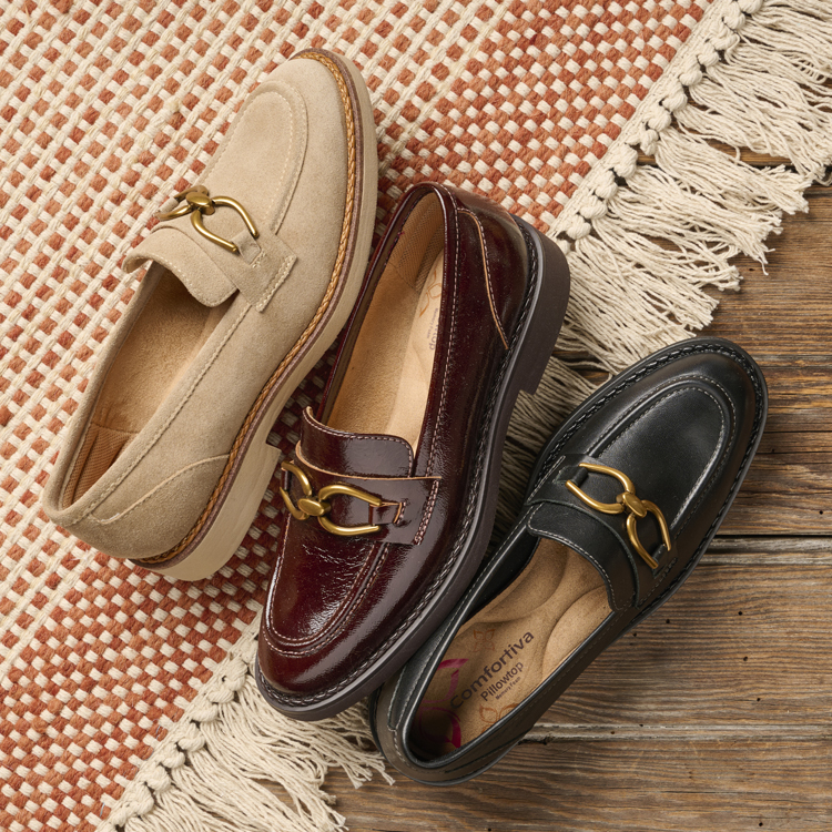 The Ester Loafer in Barley Suede (Tan),  The Ester Loafer in Cognac (marron) and The Ester Loafer in black.